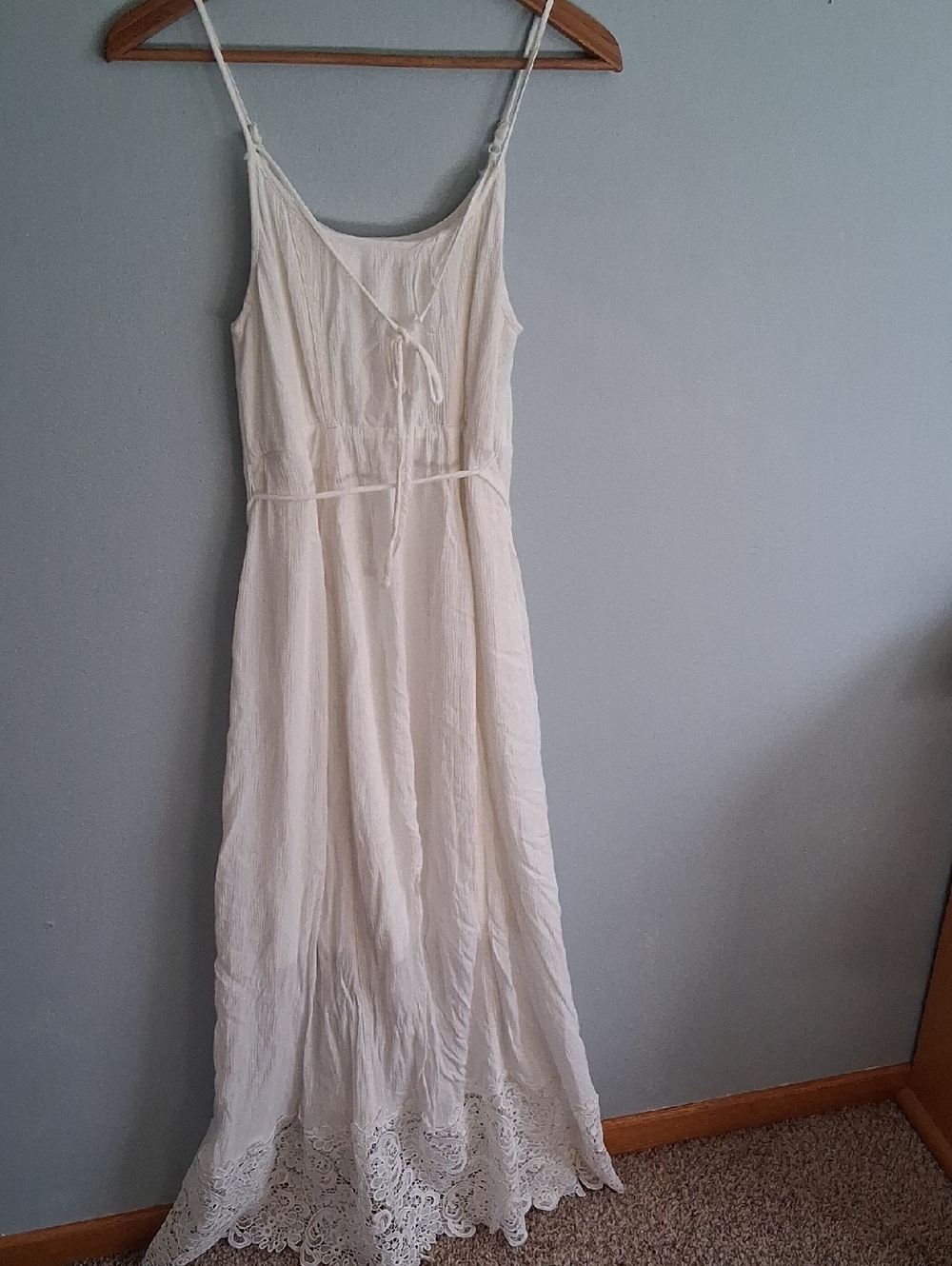 Motherhood Maternity White Maxi Dress Lace Trim And Neck Tie